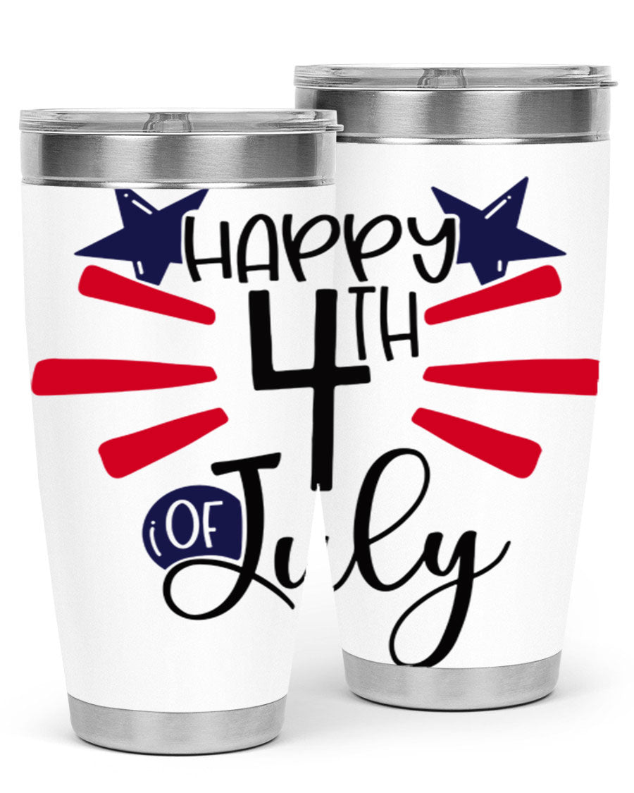 Happy 4th of July tumbler featuring a vibrant design, double wall vacuum stainless steel construction, and a convenient drink-thru lid.
