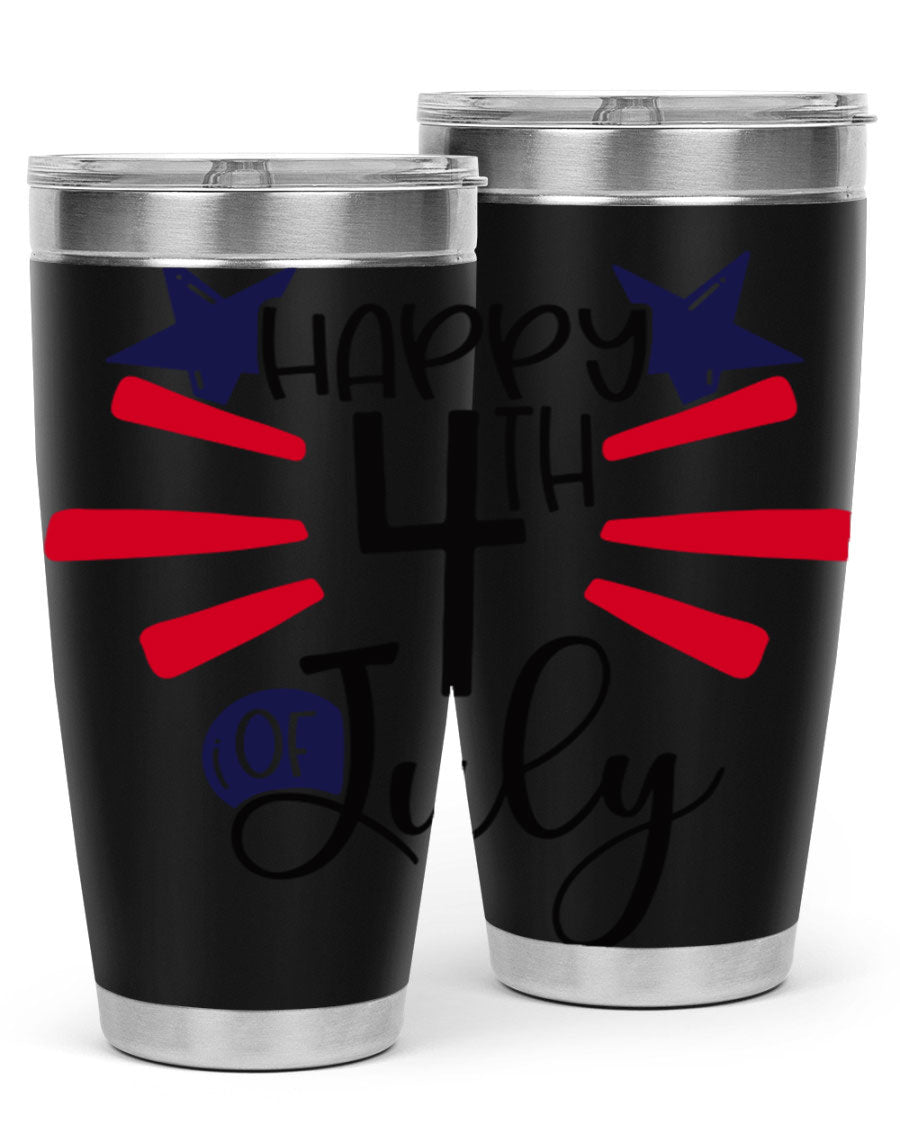 Happy 4th of July tumbler featuring a vibrant design, double wall vacuum stainless steel construction, and a convenient drink-thru lid.