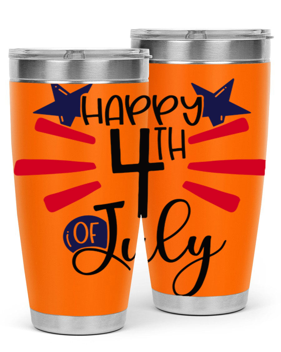Happy 4th of July tumbler featuring a vibrant design, double wall vacuum stainless steel construction, and a convenient drink-thru lid.