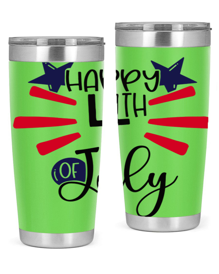 Happy 4th of July tumbler featuring a vibrant design, double wall vacuum stainless steel construction, and a convenient drink-thru lid.
