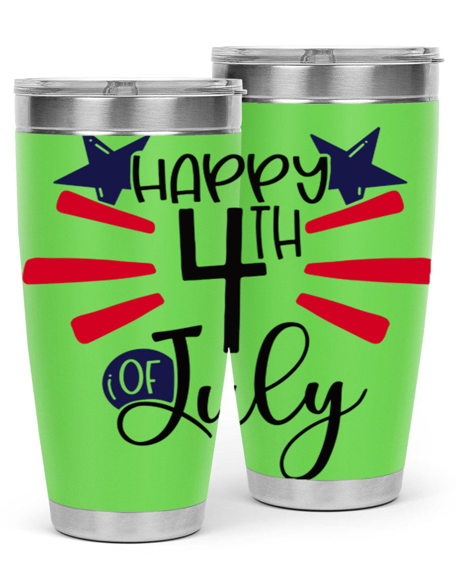 Happy 4th of July tumbler featuring a vibrant design, double wall vacuum stainless steel construction, and a convenient drink-thru lid.