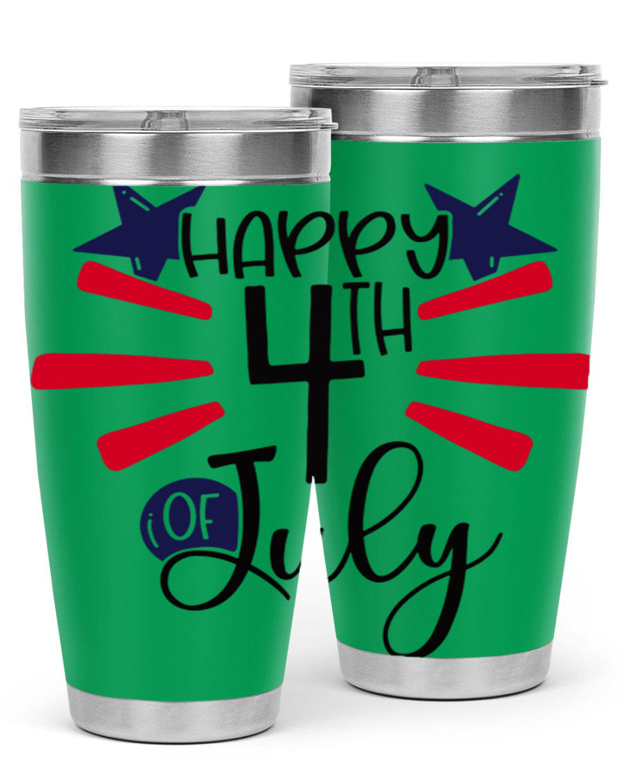 Happy 4th of July tumbler featuring a vibrant design, double wall vacuum stainless steel construction, and a convenient drink-thru lid.