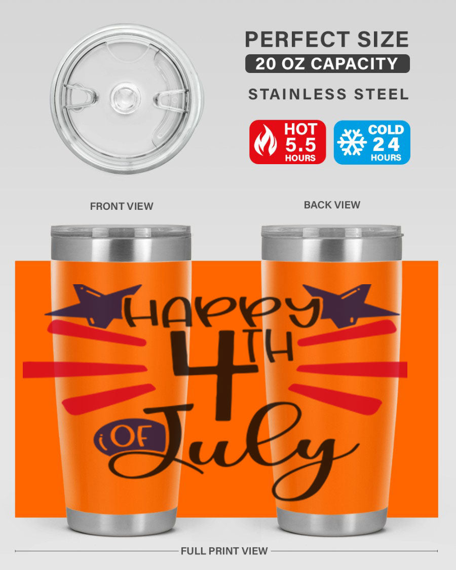 Happy 4th of July tumbler featuring a vibrant design, double wall vacuum stainless steel construction, and a convenient drink-thru lid.