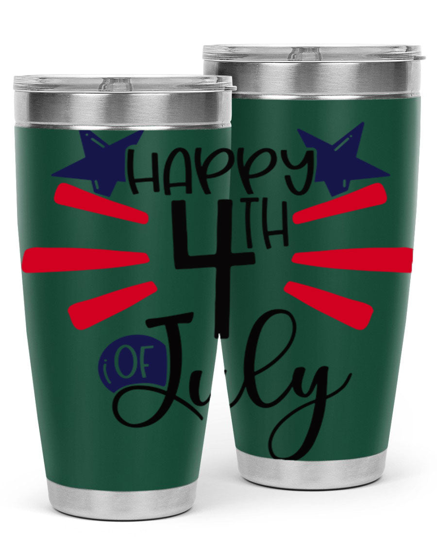 Happy 4th of July tumbler featuring a vibrant design, double wall vacuum stainless steel construction, and a convenient drink-thru lid.