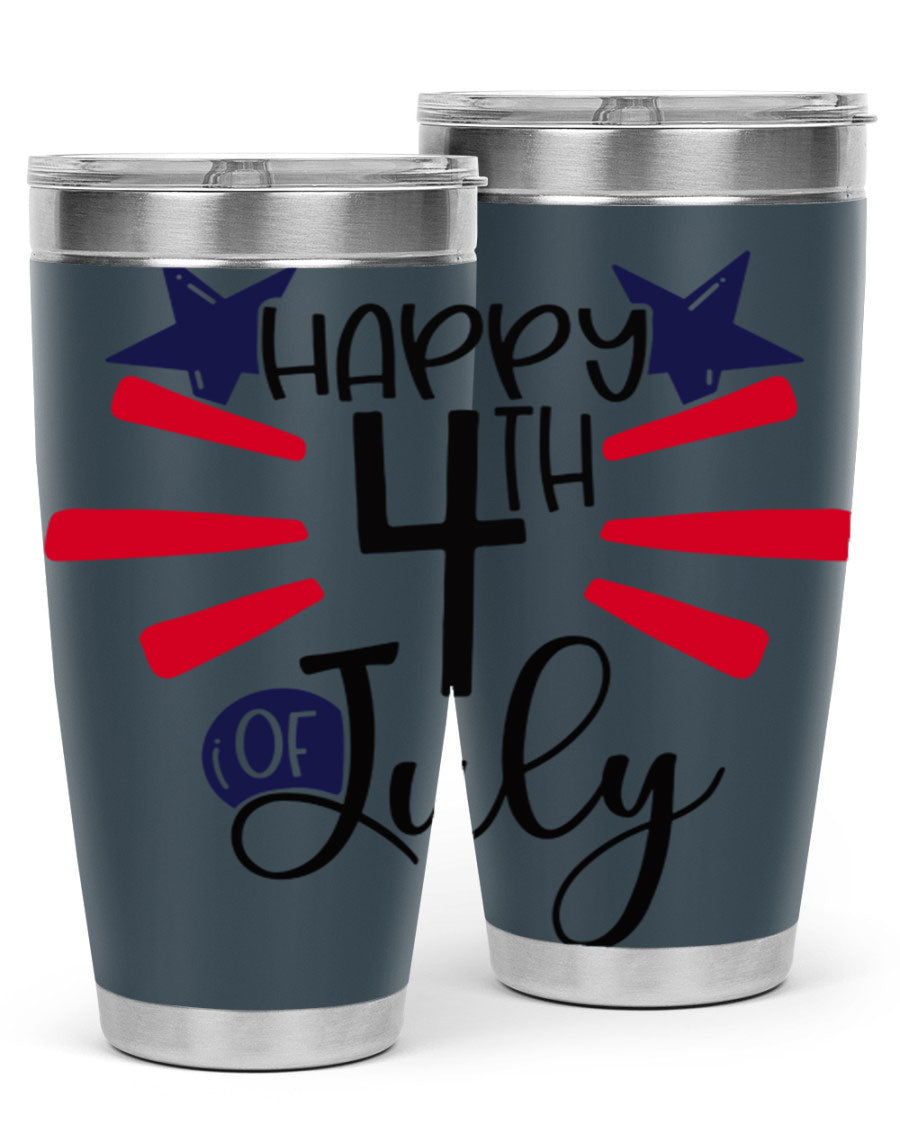 Happy 4th of July tumbler featuring a vibrant design, double wall vacuum stainless steel construction, and a convenient drink-thru lid.