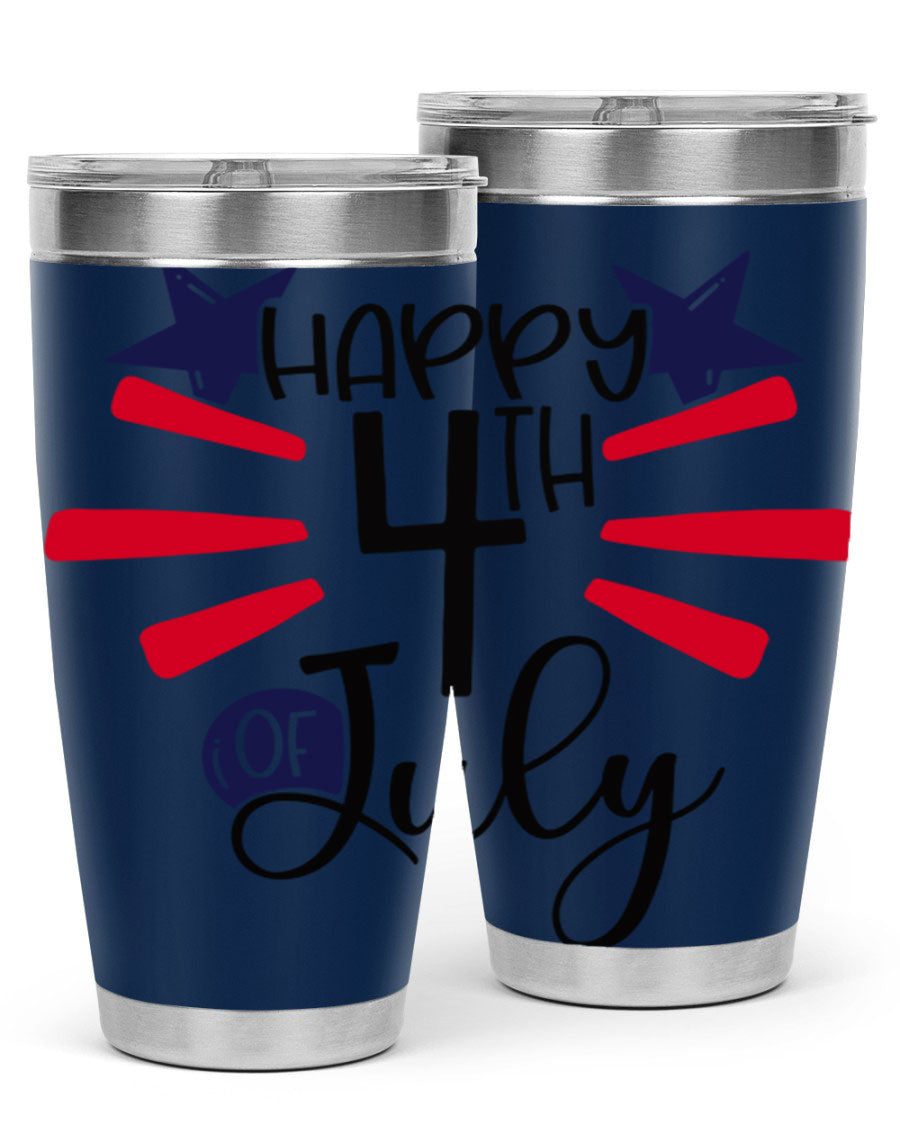 Happy 4th of July tumbler featuring a vibrant design, double wall vacuum stainless steel construction, and a convenient drink-thru lid.