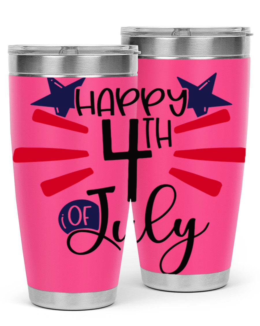 Happy 4th of July tumbler featuring a vibrant design, double wall vacuum stainless steel construction, and a convenient drink-thru lid.