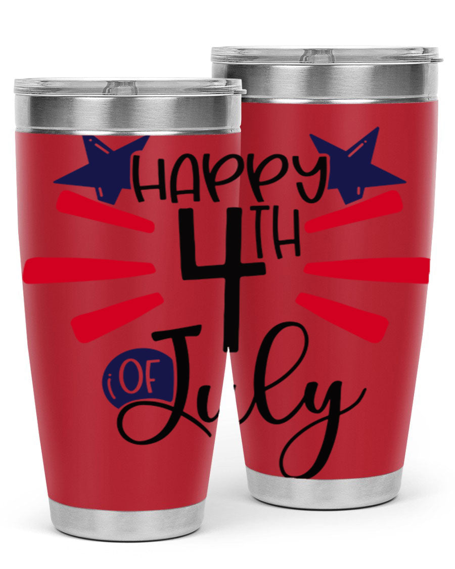 Happy 4th of July tumbler featuring a vibrant design, double wall vacuum stainless steel construction, and a convenient drink-thru lid.