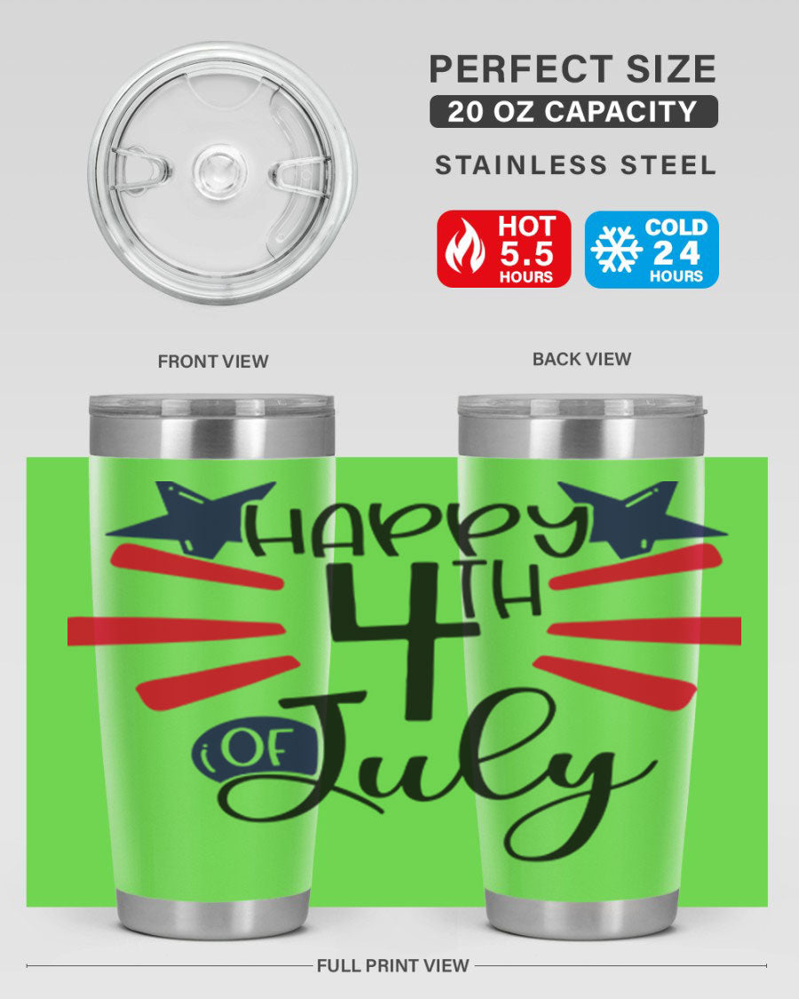 Happy 4th of July tumbler featuring a vibrant design, double wall vacuum stainless steel construction, and a convenient drink-thru lid.