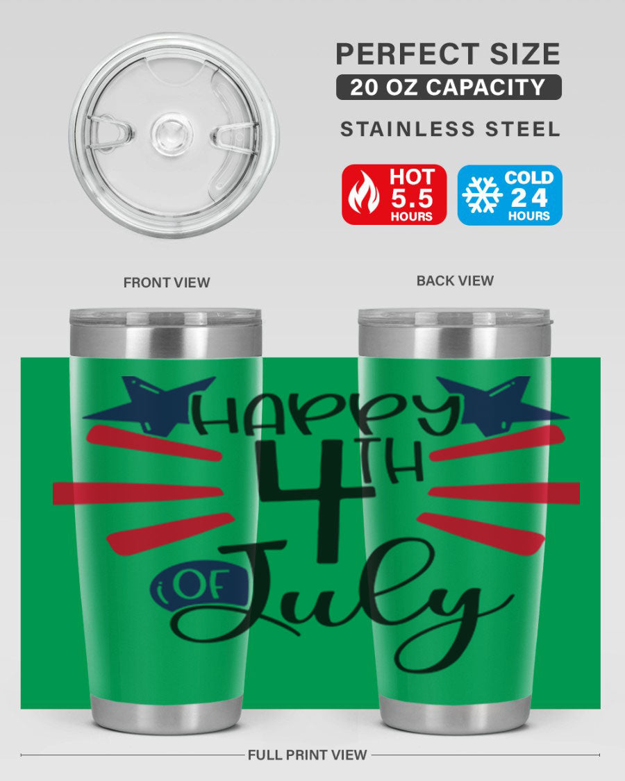 Happy 4th of July tumbler featuring a vibrant design, double wall vacuum stainless steel construction, and a convenient drink-thru lid.