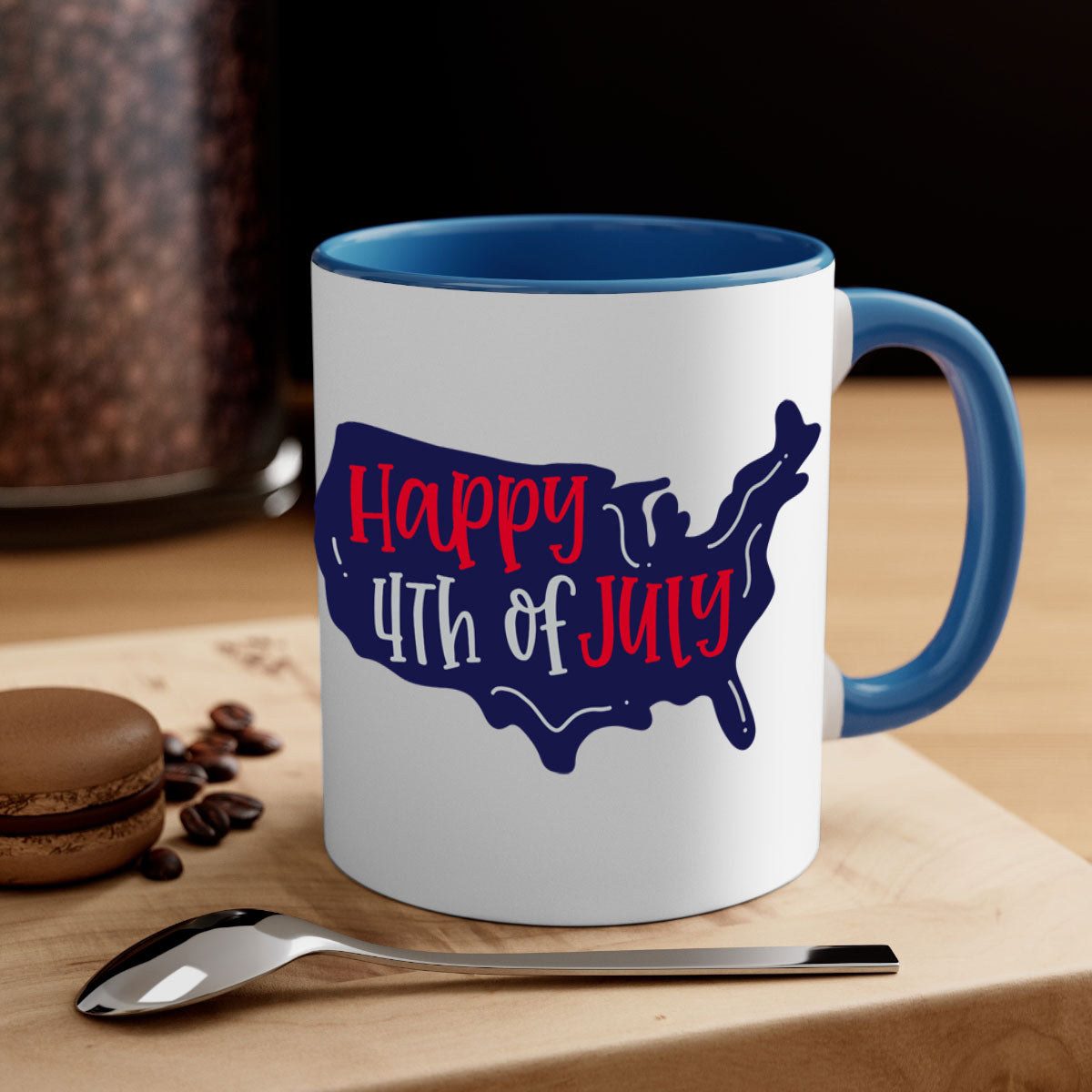 Happy 4th Of July Mug with colorful handle and glossy finish, perfect for coffee or tea.