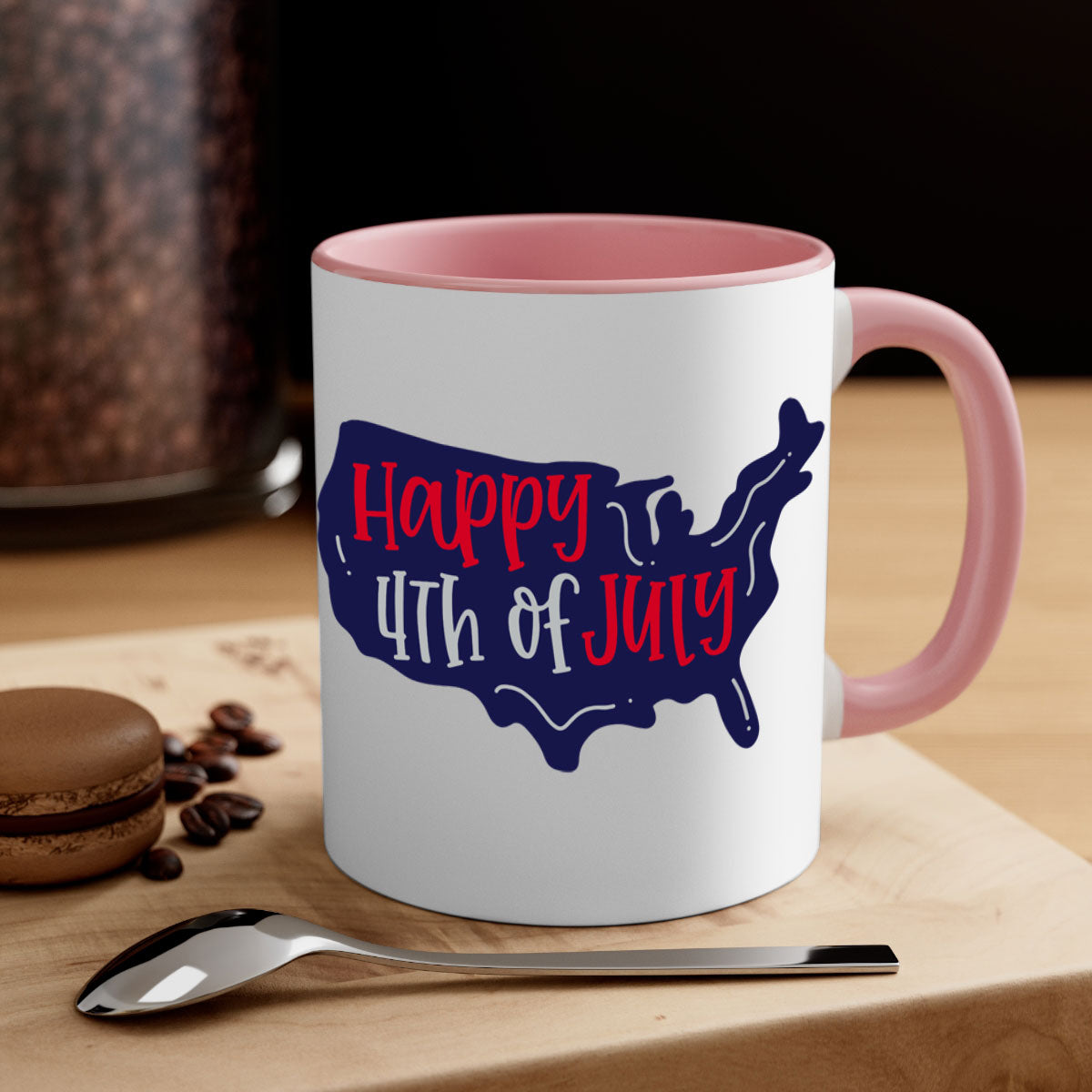 Happy 4th Of July Mug with colorful handle and glossy finish, perfect for coffee or tea.