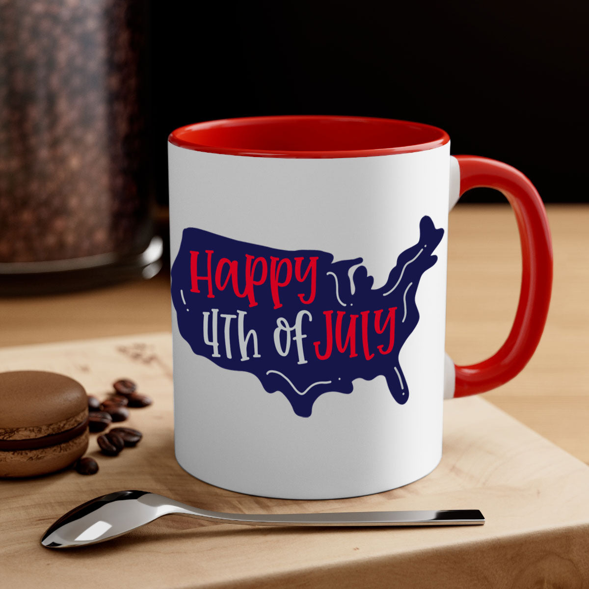 Happy 4th Of July Mug with colorful handle and glossy finish, perfect for coffee or tea.
