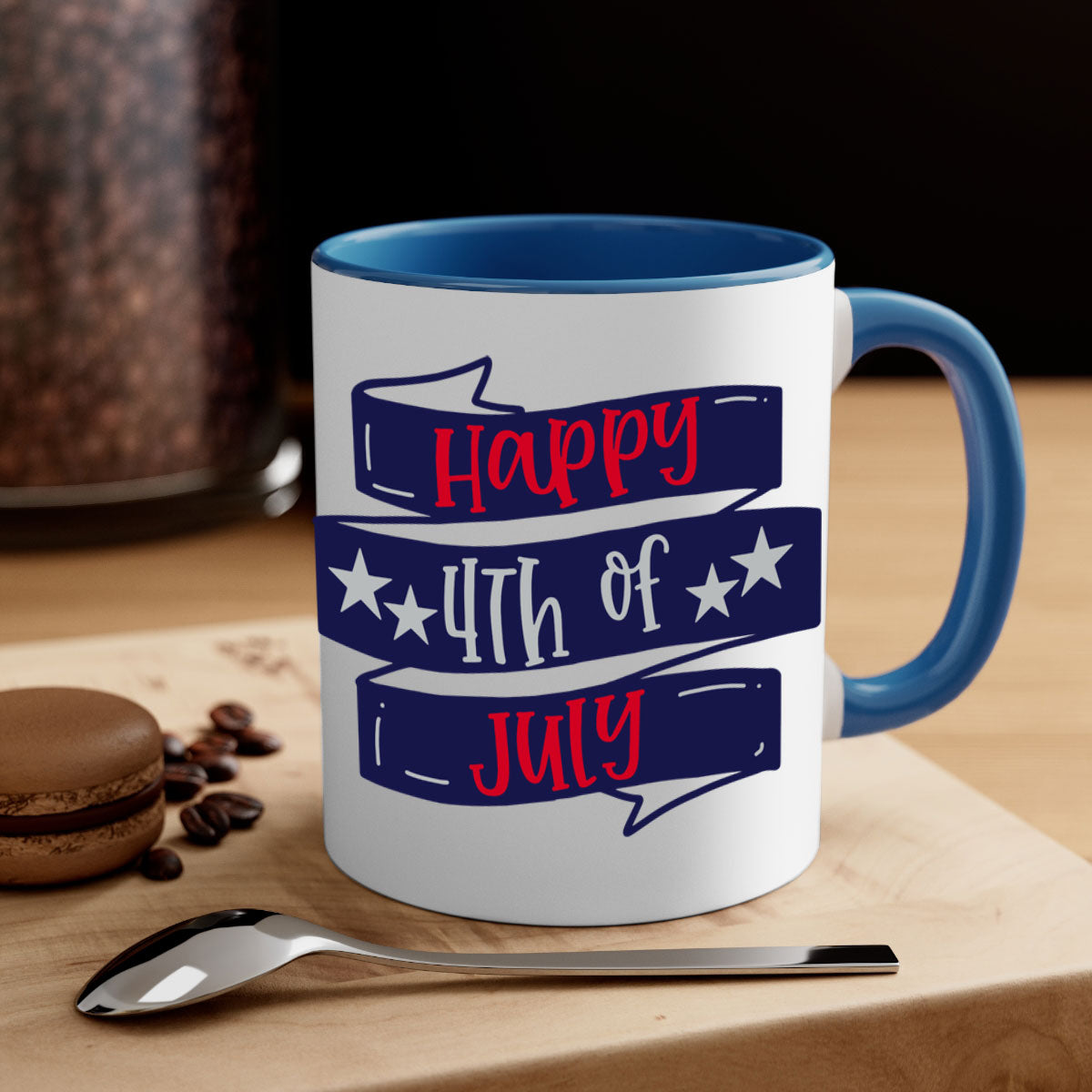 Happy 4th Of July Mug with colorful handle and glossy finish, perfect for coffee or tea.