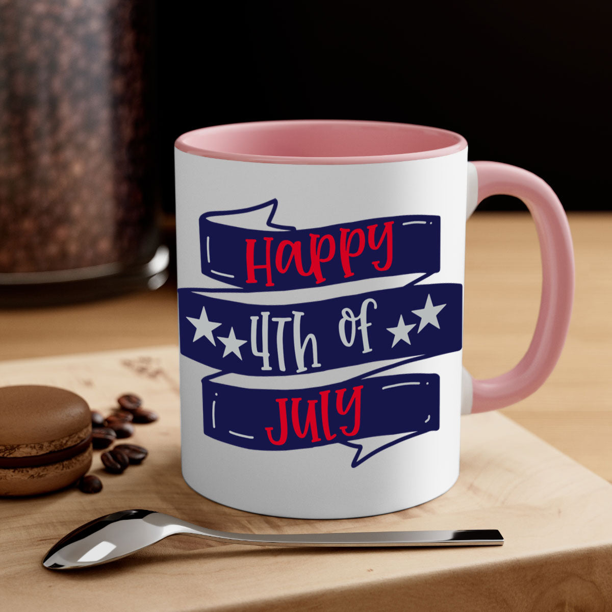 Happy 4th Of July Mug with colorful handle and glossy finish, perfect for coffee or tea.