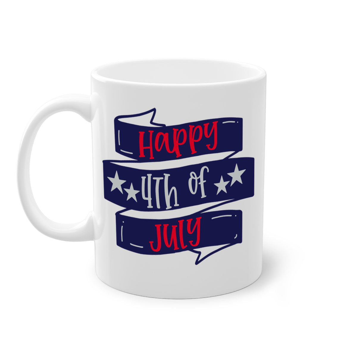Happy 4th Of July Mug with colorful handle and glossy finish, perfect for coffee or tea.