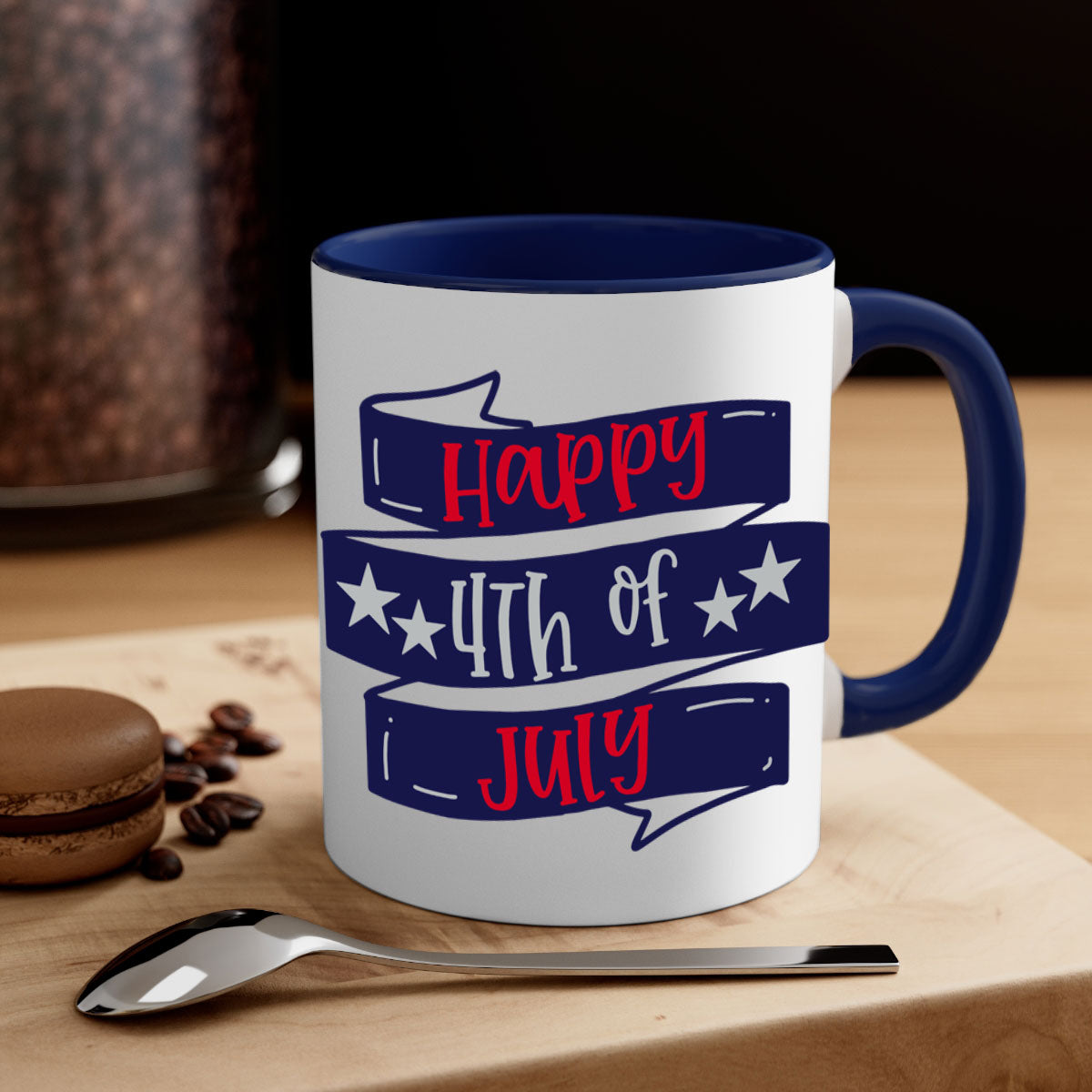 Happy 4th Of July Mug with colorful handle and glossy finish, perfect for coffee or tea.