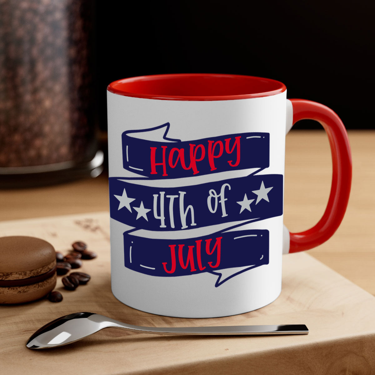 Happy 4th Of July Mug with colorful handle and glossy finish, perfect for coffee or tea.