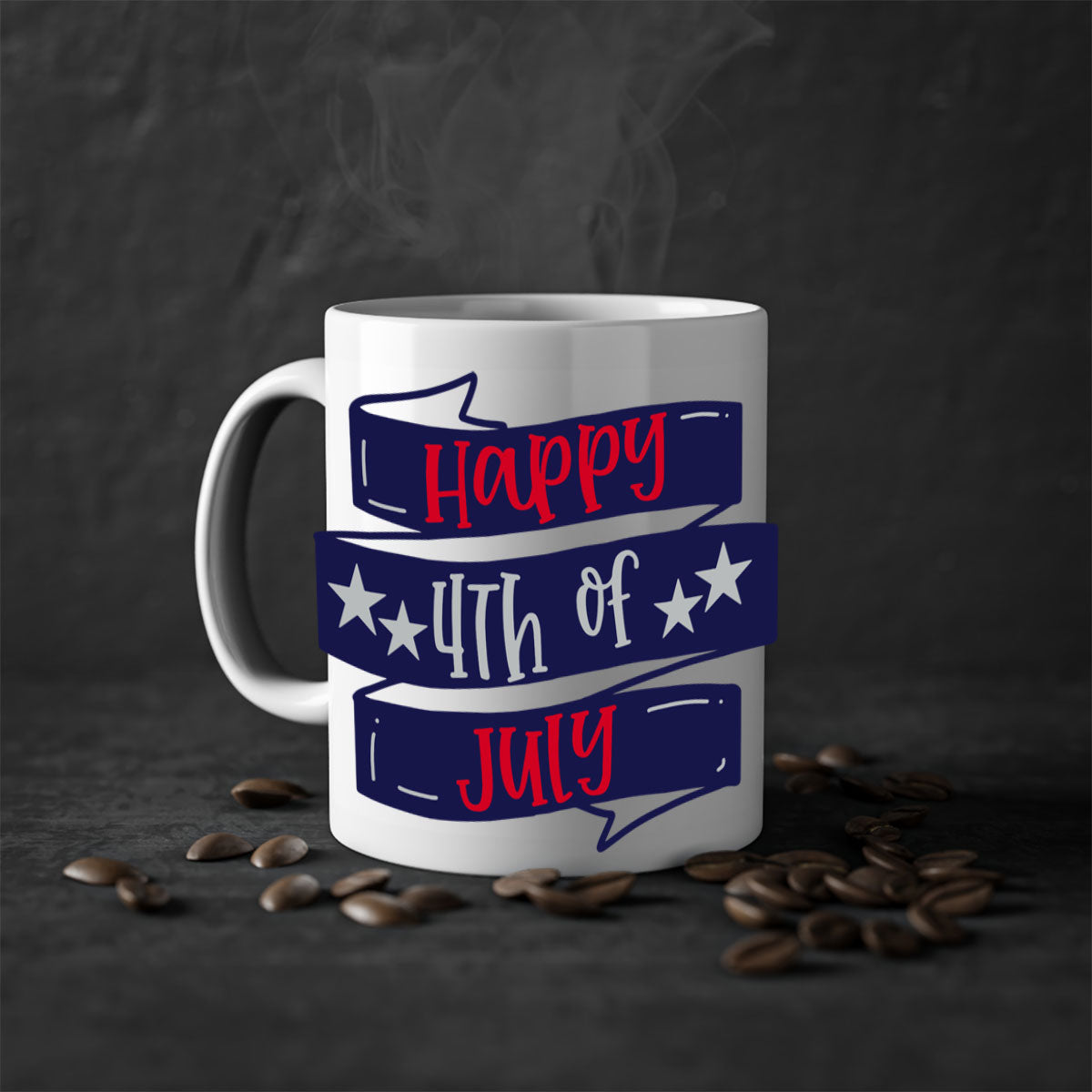 Happy 4th Of July Mug with colorful handle and glossy finish, perfect for coffee or tea.