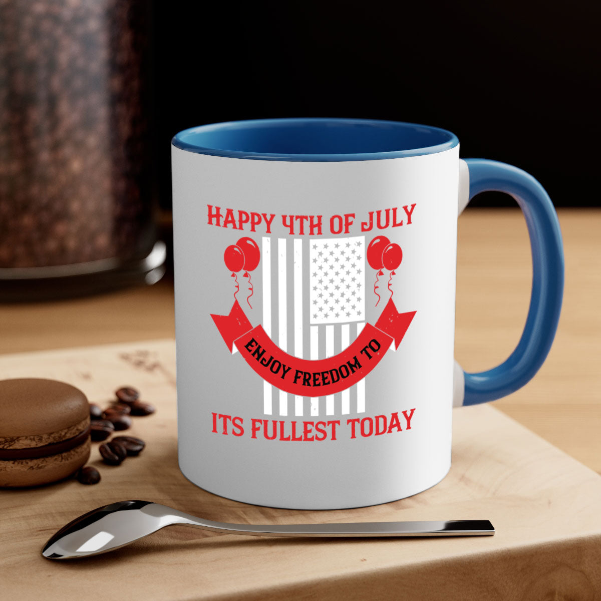 Happy th of July Mug with two-tone design, featuring a colored handle and glossy finish, available in multiple colors.