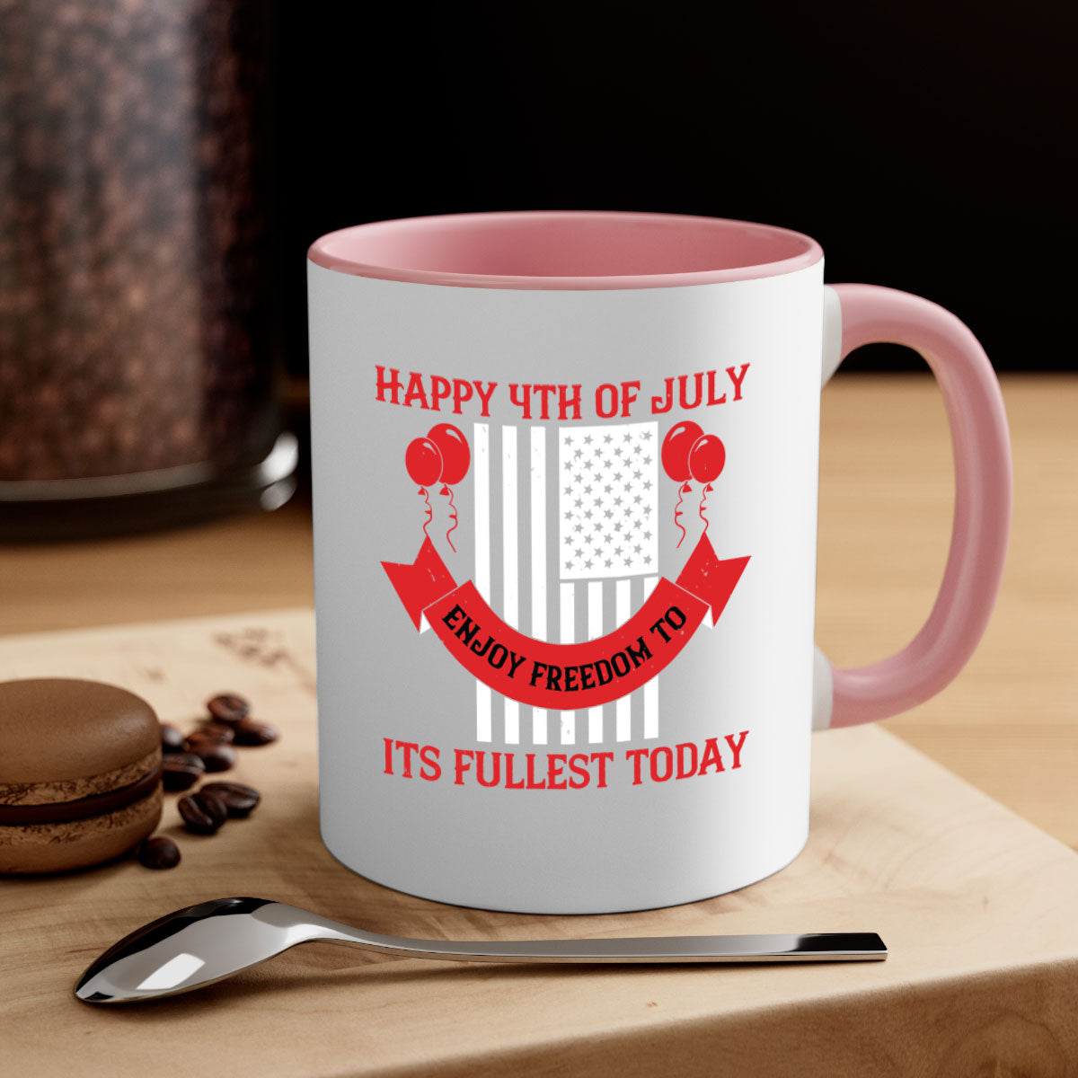 Happy th of July Mug with two-tone design, featuring a colored handle and glossy finish, available in multiple colors.