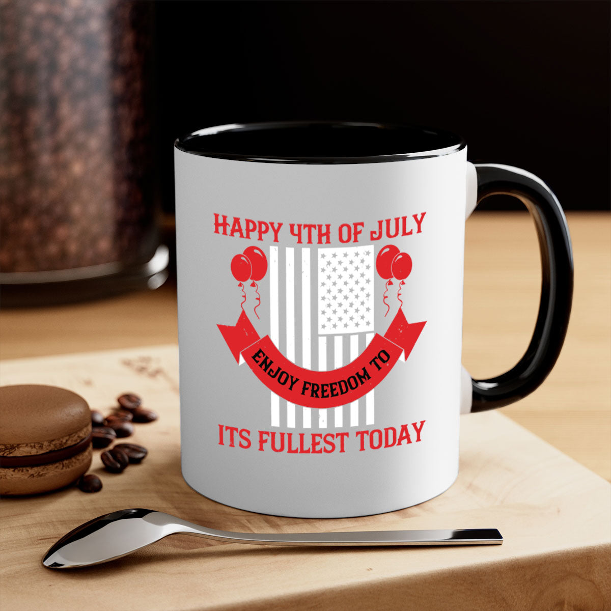 Happy th of July Mug with two-tone design, featuring a colored handle and glossy finish, available in multiple colors.