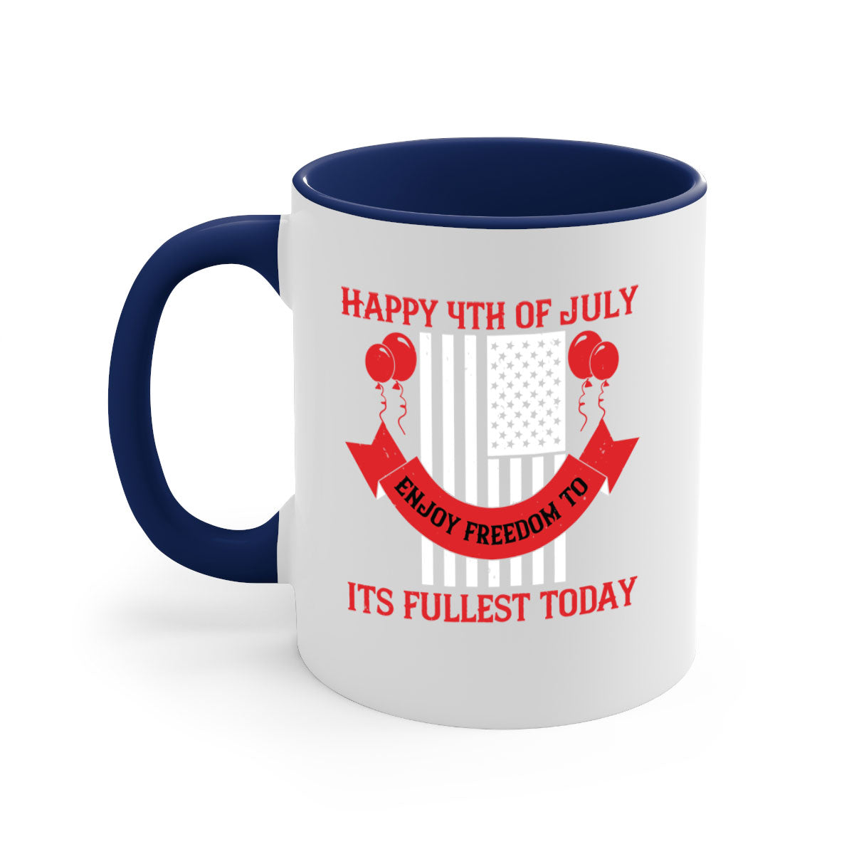 Happy th of July Mug with two-tone design, featuring a colored handle and glossy finish, available in multiple colors.
