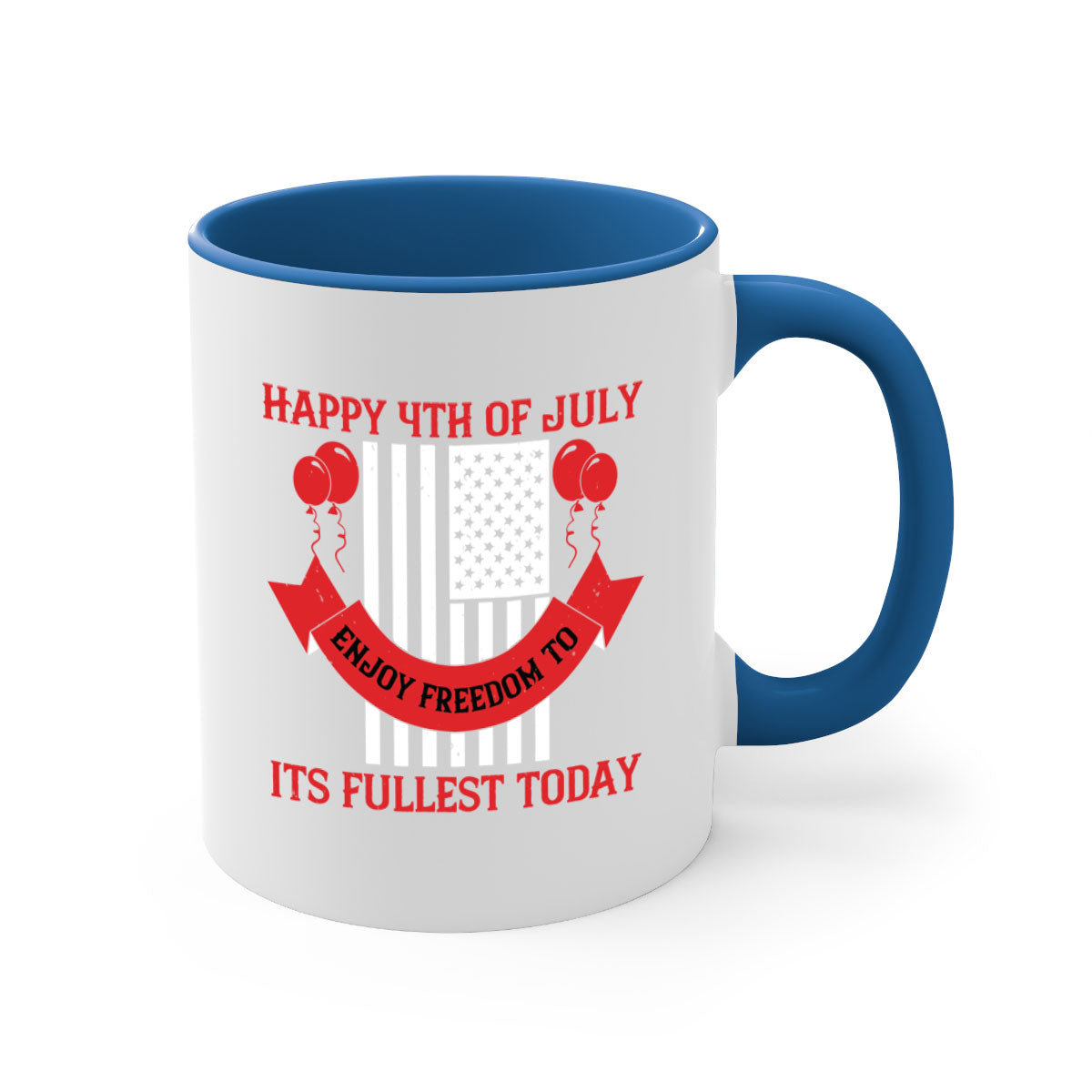 Happy th of July Mug with two-tone design, featuring a colored handle and glossy finish, available in multiple colors.