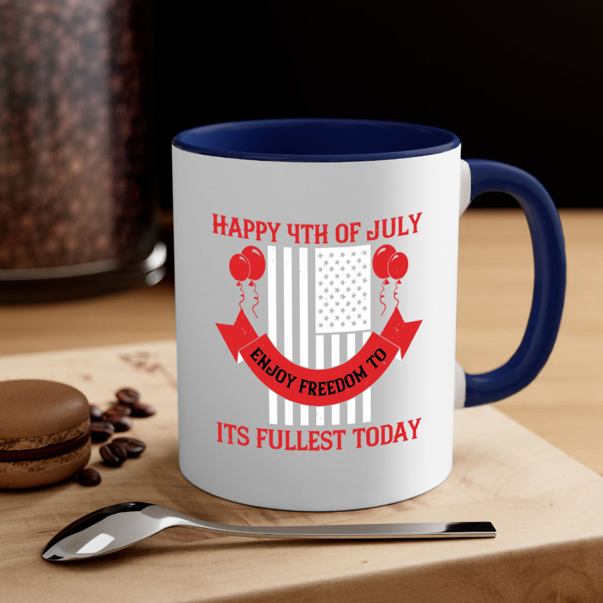 Happy th of July Mug with two-tone design, featuring a colored handle and glossy finish, available in multiple colors.