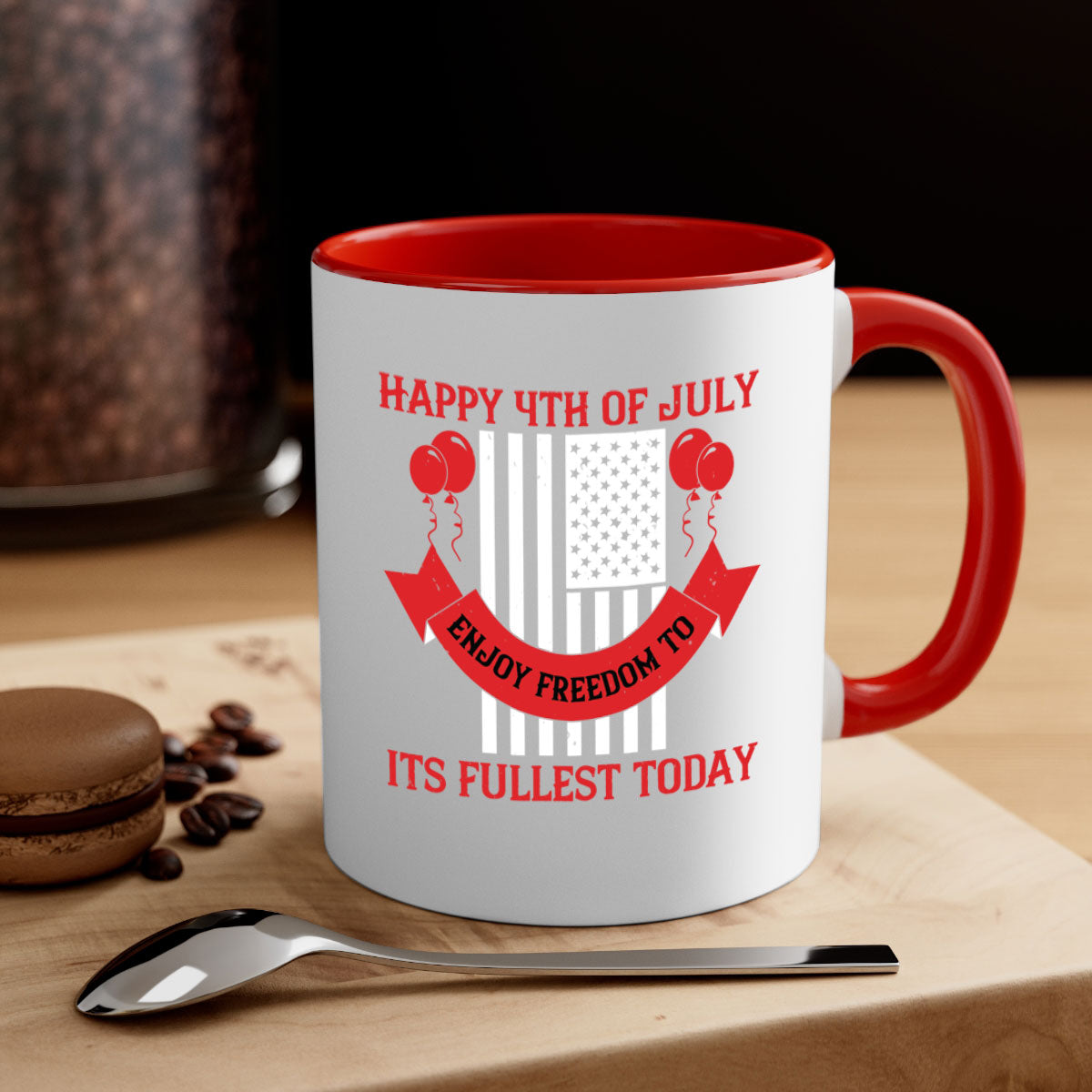 Happy th of July Mug with two-tone design, featuring a colored handle and glossy finish, available in multiple colors.