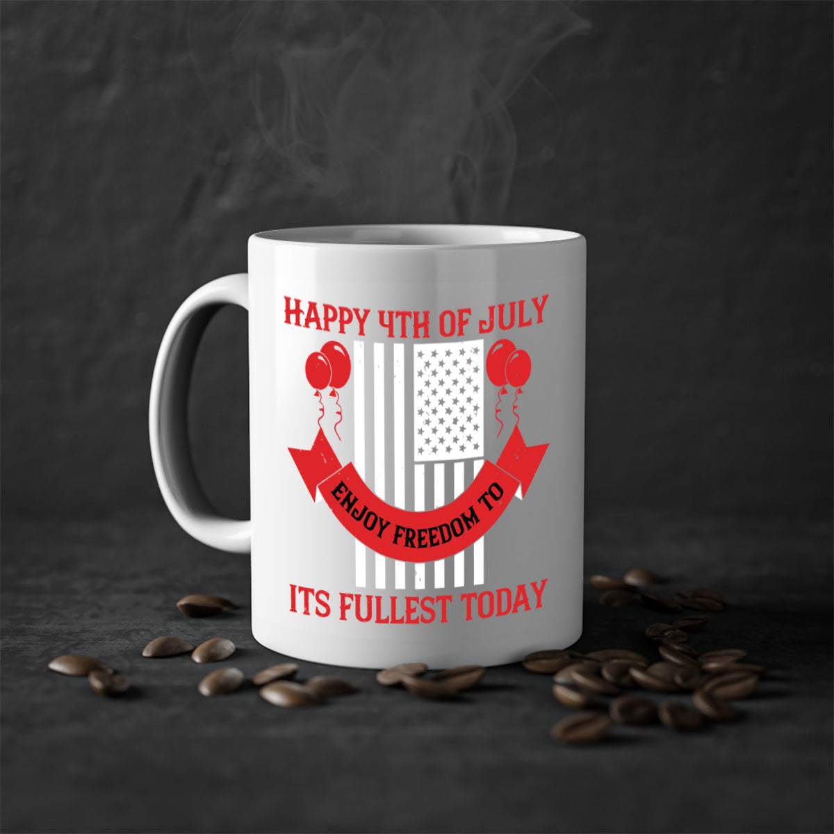 Happy th of July Mug with two-tone design, featuring a colored handle and glossy finish, available in multiple colors.