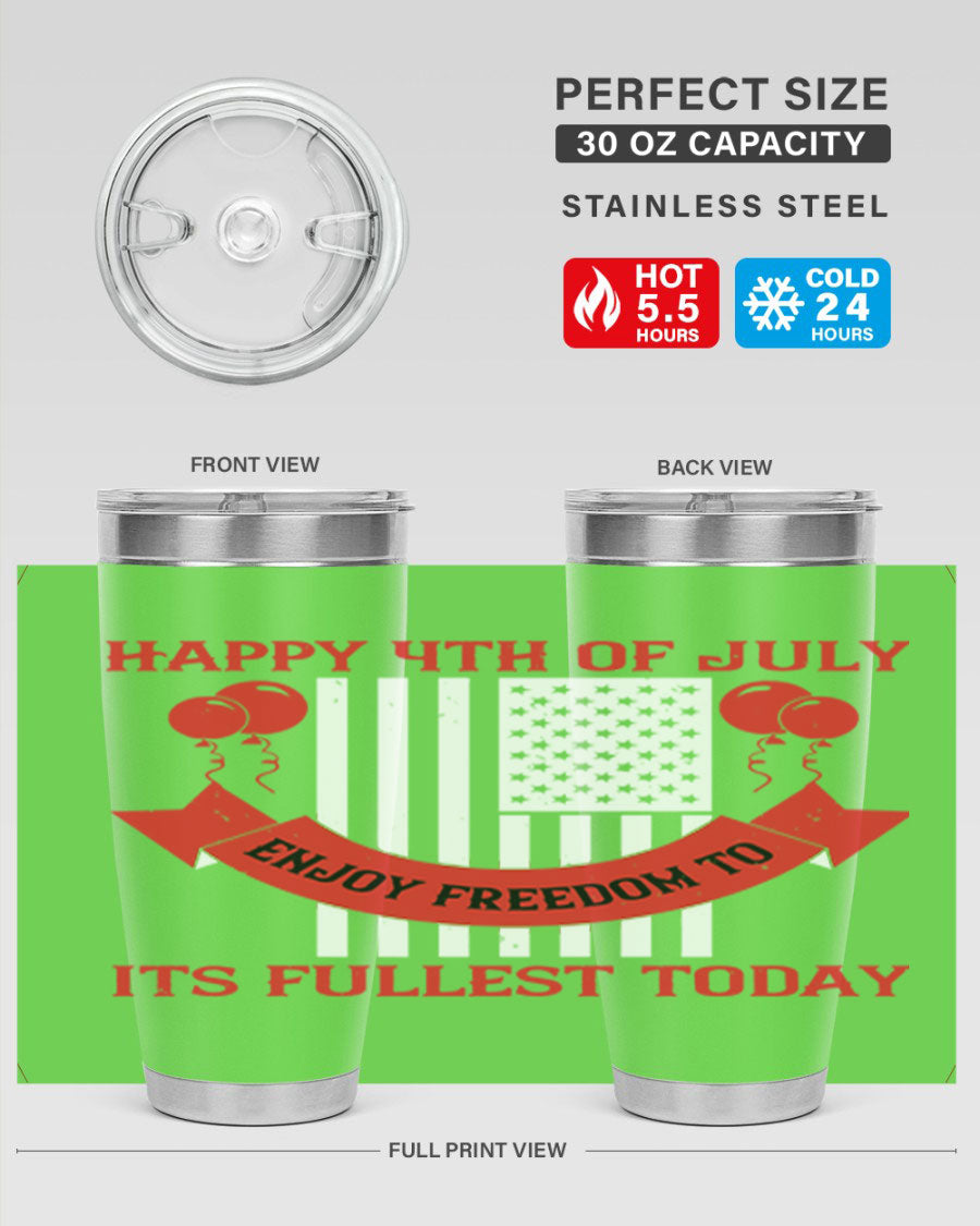 Happy 4th of July tumblers in 20oz and 30oz sizes, showcasing double wall vacuum stainless steel design with patriotic prints.