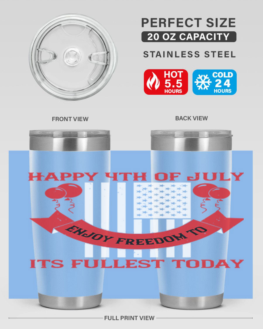 Happy 4th of July tumblers in 20oz and 30oz sizes, showcasing double wall vacuum stainless steel design with patriotic prints.