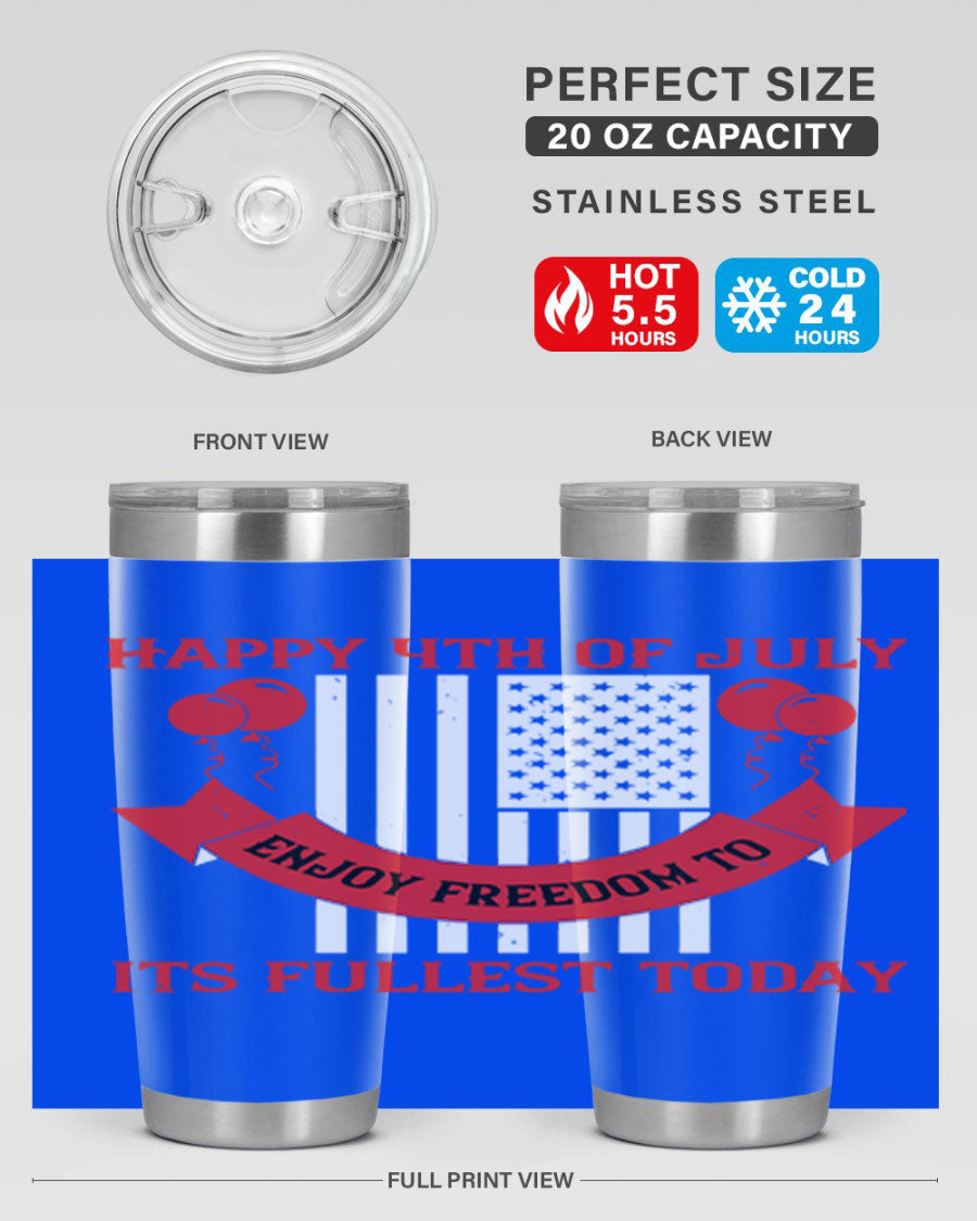 Happy 4th of July tumblers in 20oz and 30oz sizes, showcasing double wall vacuum stainless steel design with patriotic prints.