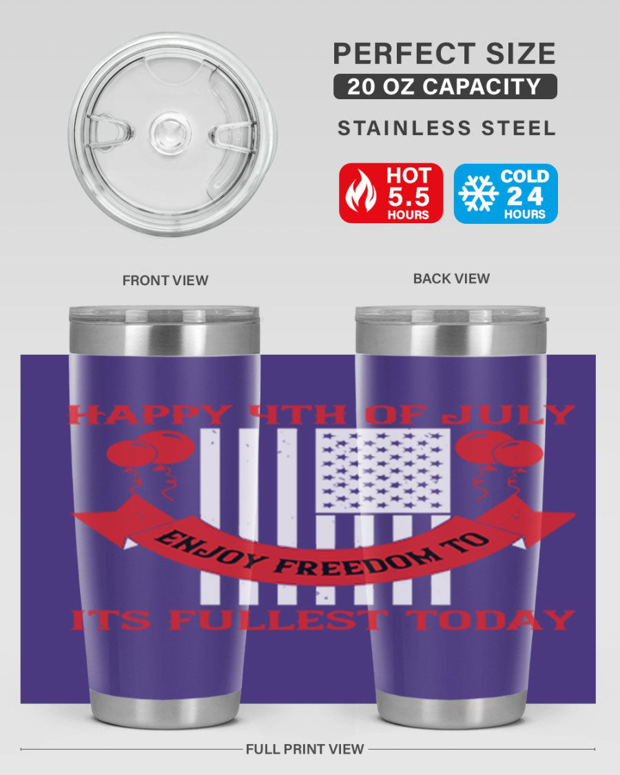 Happy 4th of July tumblers in 20oz and 30oz sizes, showcasing double wall vacuum stainless steel design with patriotic prints.
