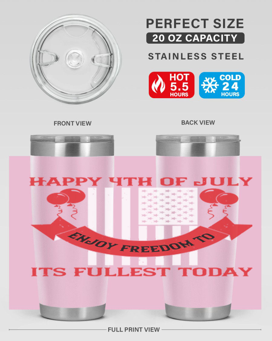 Happy 4th of July tumblers in 20oz and 30oz sizes, showcasing double wall vacuum stainless steel design with patriotic prints.