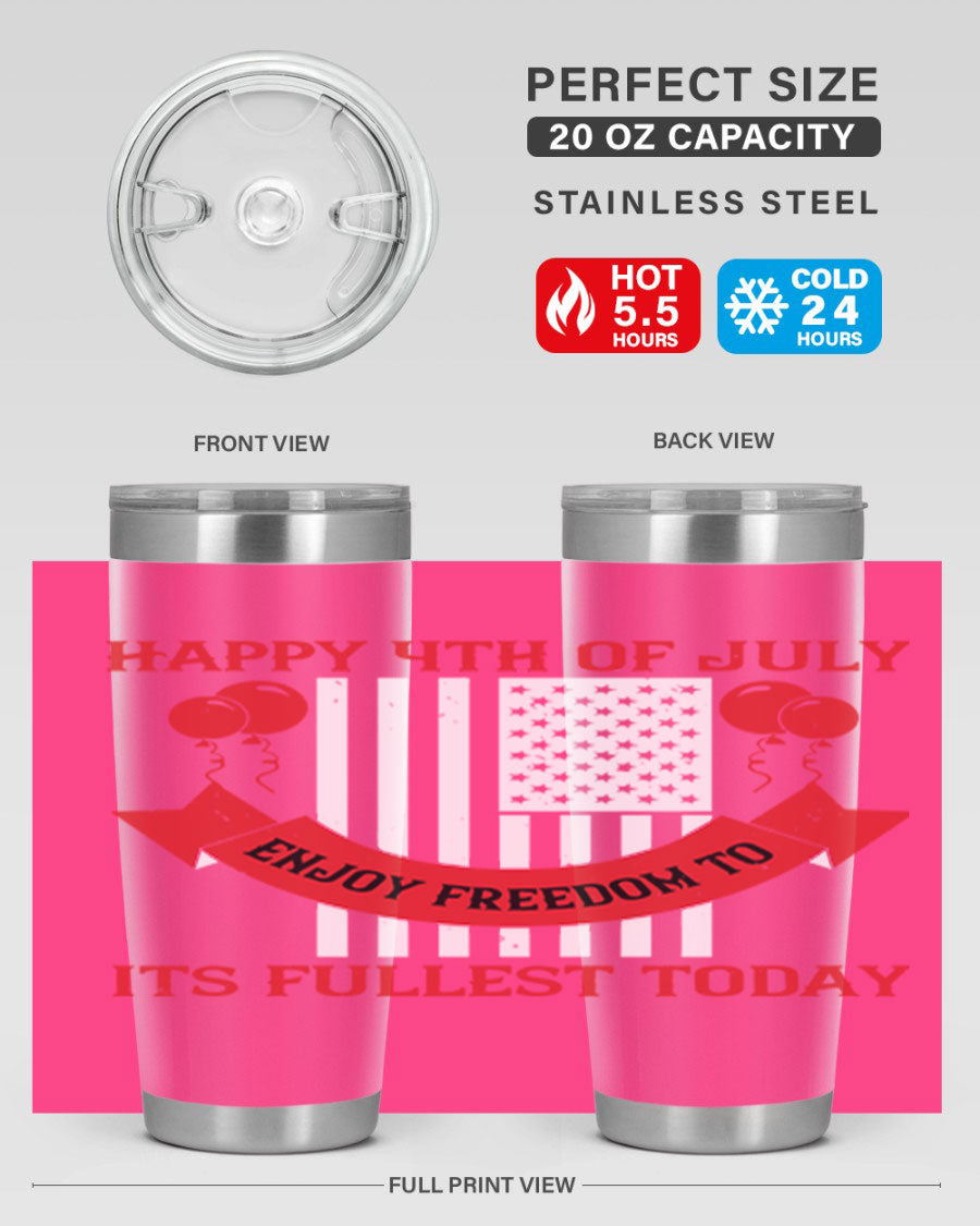 Happy 4th of July tumblers in 20oz and 30oz sizes, showcasing double wall vacuum stainless steel design with patriotic prints.