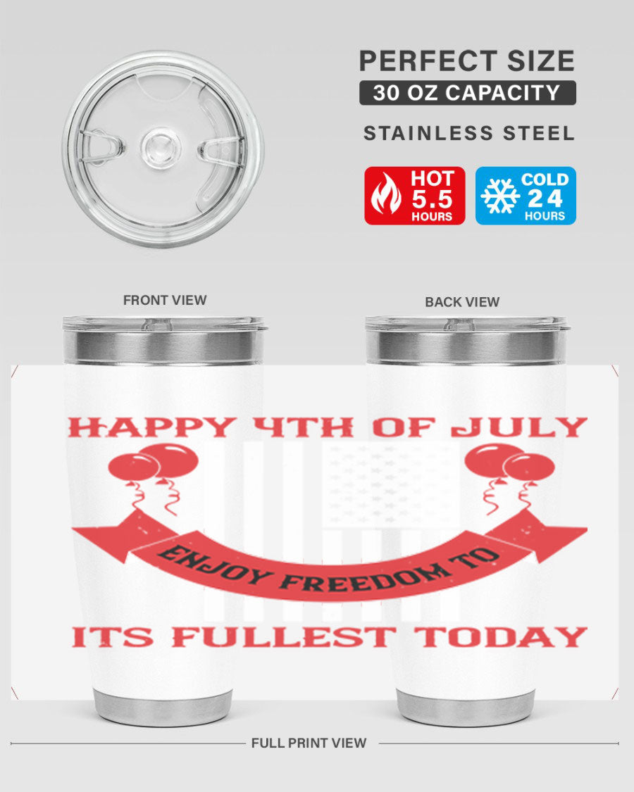 Happy 4th of July tumblers in 20oz and 30oz sizes, showcasing double wall vacuum stainless steel design with patriotic prints.