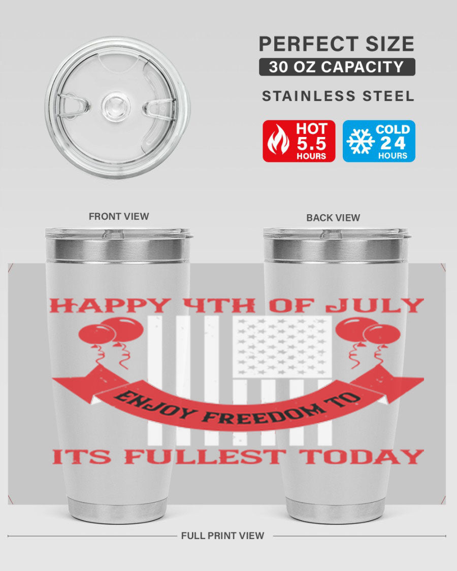 Happy 4th of July tumblers in 20oz and 30oz sizes, showcasing double wall vacuum stainless steel design with patriotic prints.