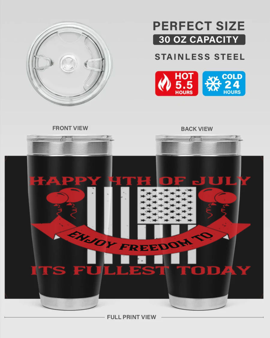 Happy 4th of July tumblers in 20oz and 30oz sizes, showcasing double wall vacuum stainless steel design with patriotic prints.