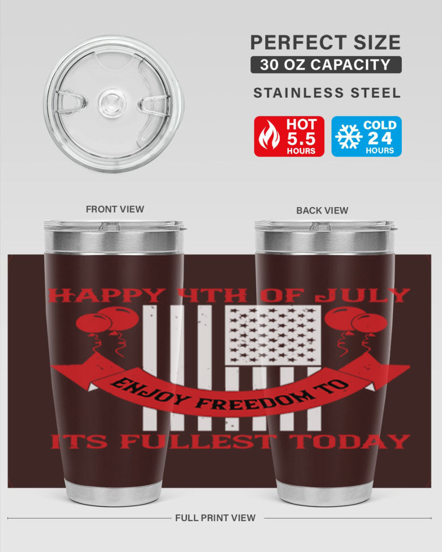 Happy 4th of July tumblers in 20oz and 30oz sizes, showcasing double wall vacuum stainless steel design with patriotic prints.