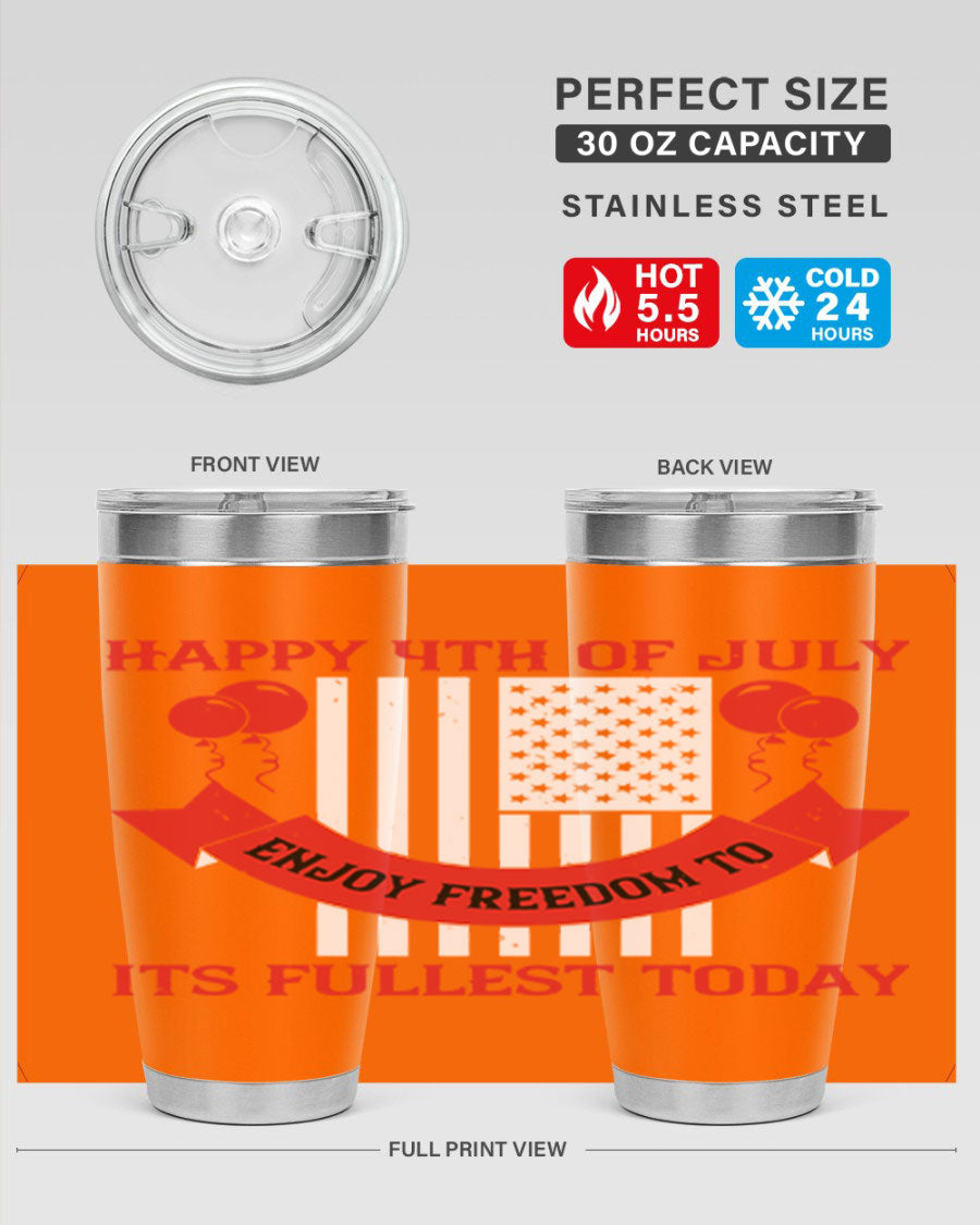 Happy 4th of July tumblers in 20oz and 30oz sizes, showcasing double wall vacuum stainless steel design with patriotic prints.