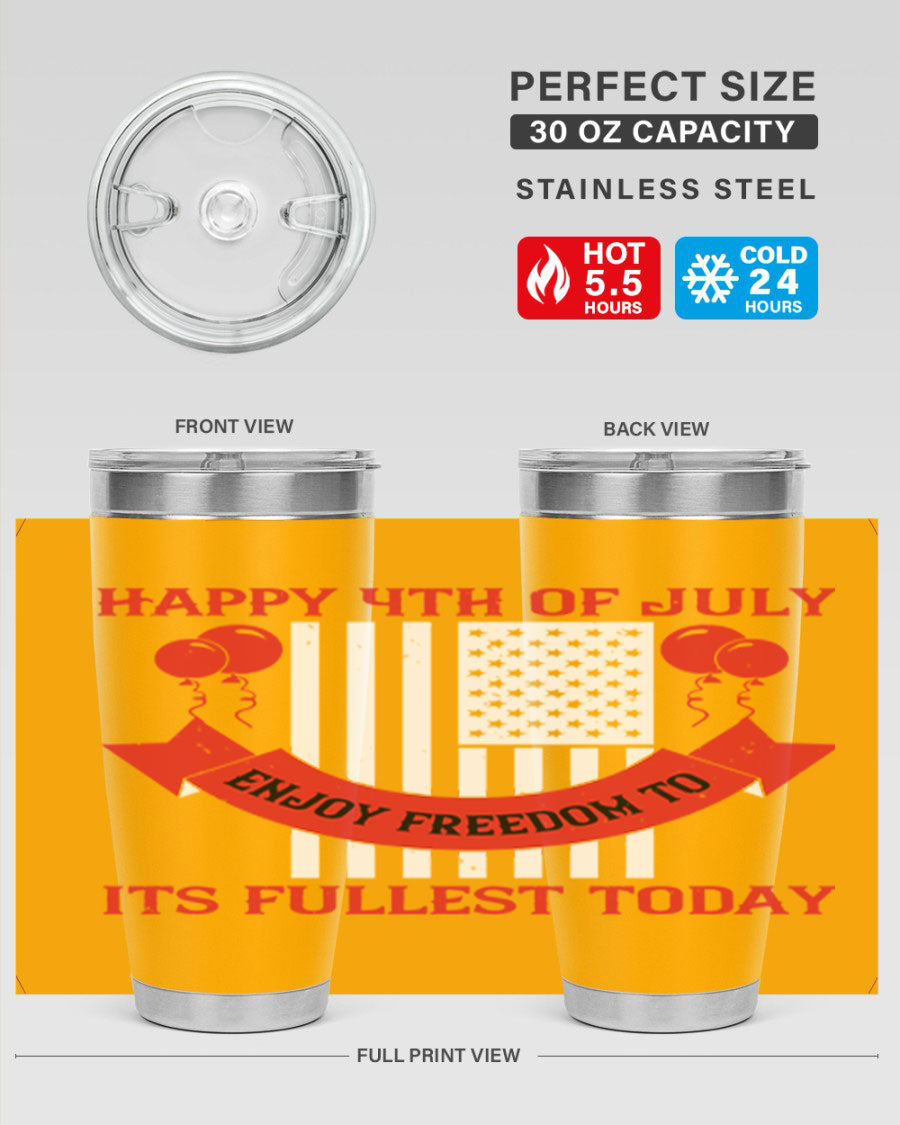 Happy 4th of July tumblers in 20oz and 30oz sizes, showcasing double wall vacuum stainless steel design with patriotic prints.