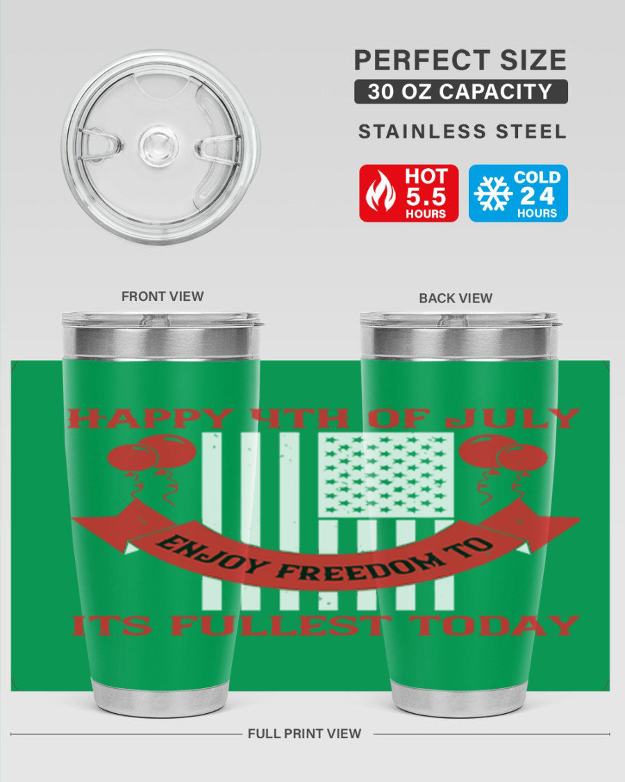 Happy 4th of July tumblers in 20oz and 30oz sizes, showcasing double wall vacuum stainless steel design with patriotic prints.