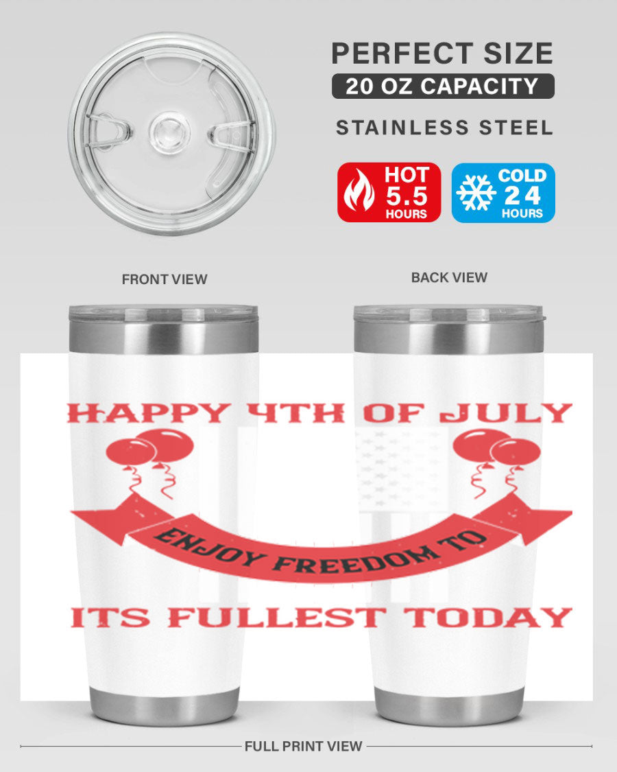 Happy 4th of July tumblers in 20oz and 30oz sizes, showcasing double wall vacuum stainless steel design with patriotic prints.