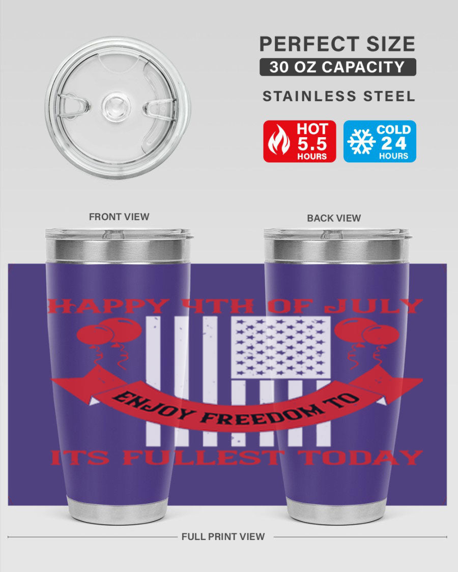 Happy 4th of July tumblers in 20oz and 30oz sizes, showcasing double wall vacuum stainless steel design with patriotic prints.