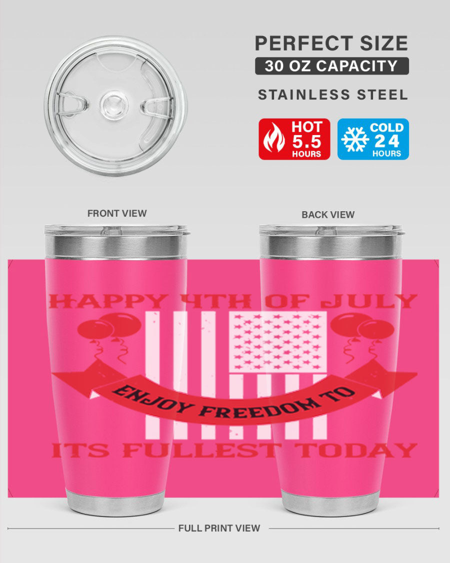 Happy 4th of July tumblers in 20oz and 30oz sizes, showcasing double wall vacuum stainless steel design with patriotic prints.