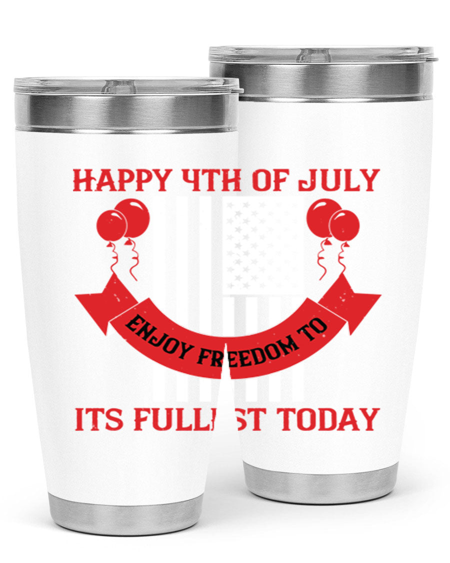 Happy 4th of July tumblers in 20oz and 30oz sizes, showcasing double wall vacuum stainless steel design with patriotic prints.