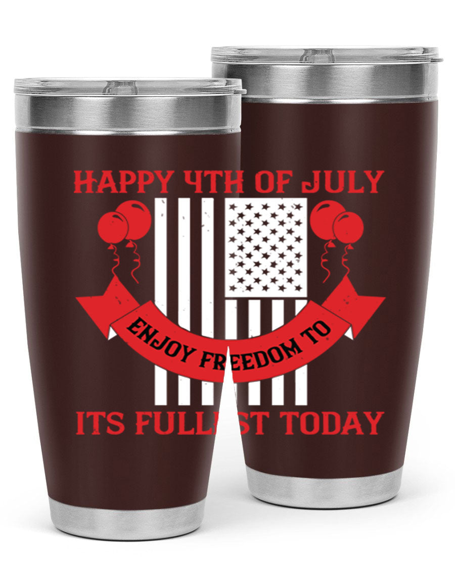 Happy 4th of July tumblers in 20oz and 30oz sizes, showcasing double wall vacuum stainless steel design with patriotic prints.