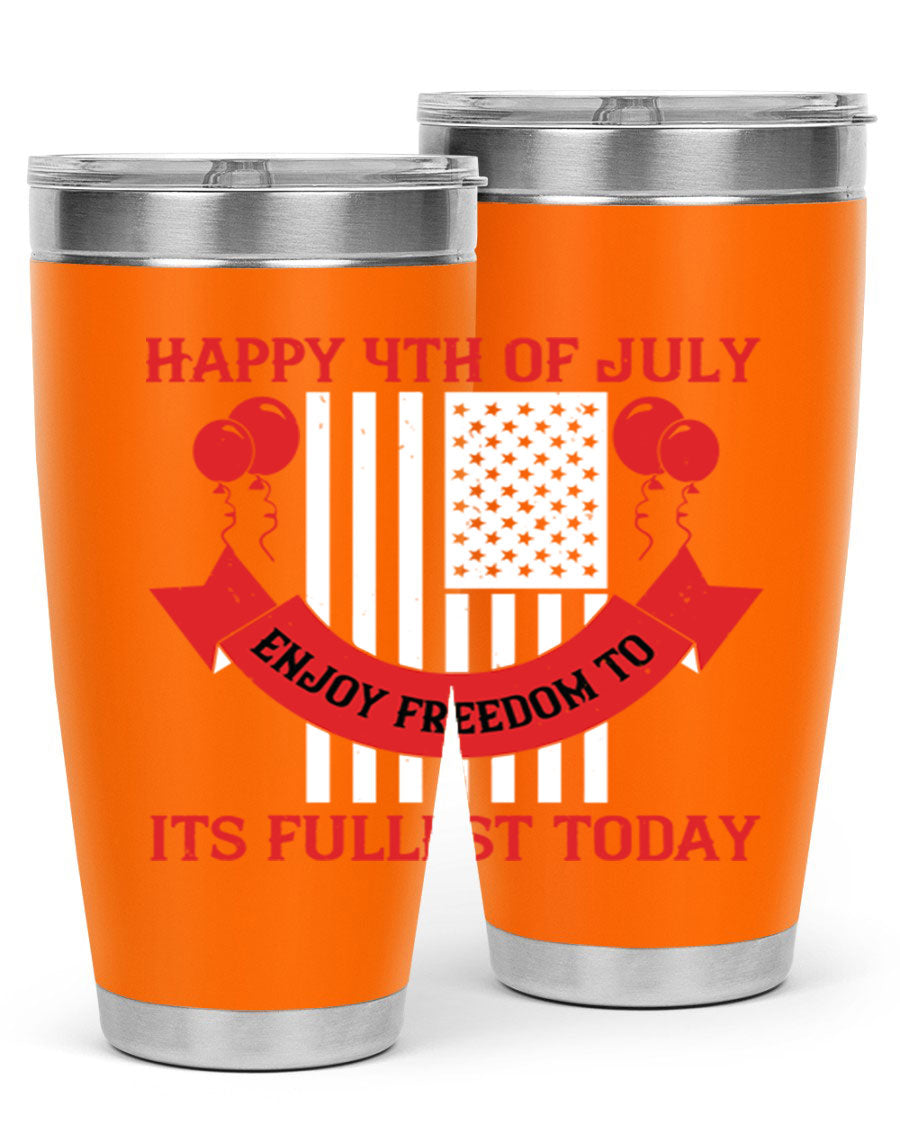 Happy 4th of July tumblers in 20oz and 30oz sizes, showcasing double wall vacuum stainless steel design with patriotic prints.